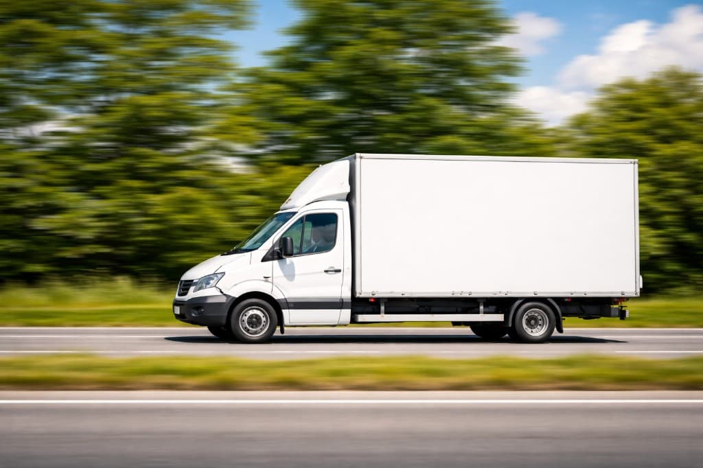 Weisser Lieferwagen auf der Strasse – schneller Möbel- und Warentransport